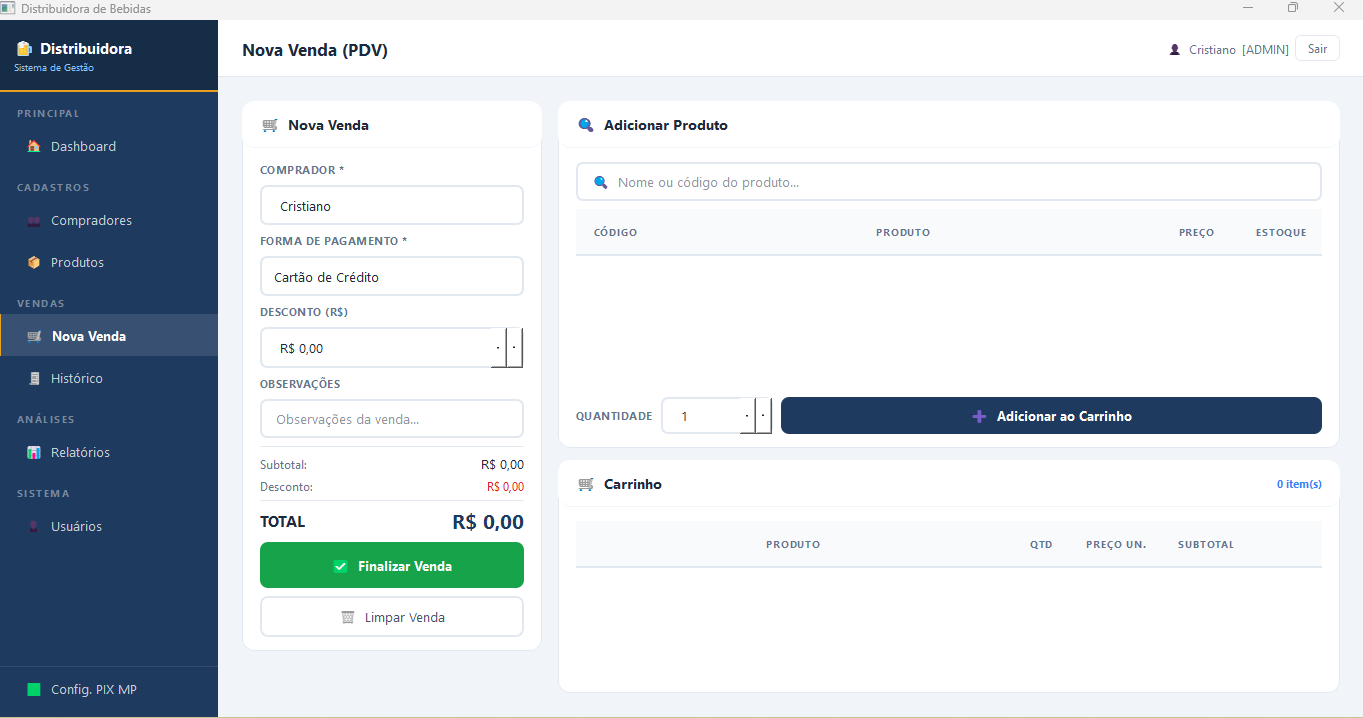 Tela de nova venda PDV da distribuidora