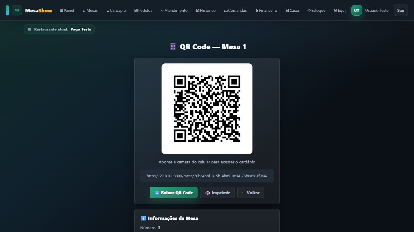Tela atualizada de QR Code da mesa no Mesa Show