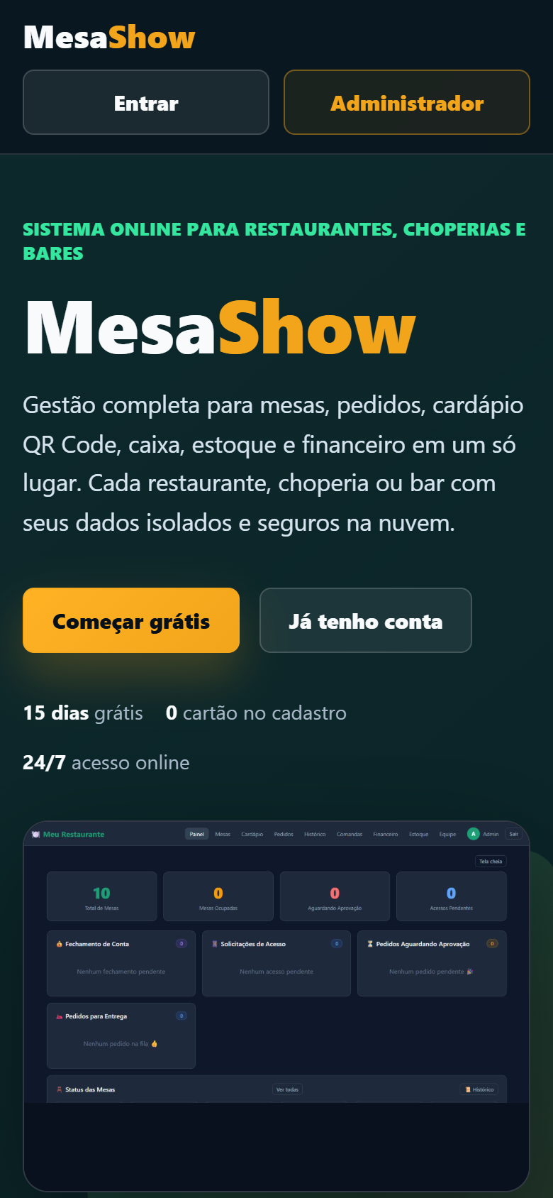 Página pública mobile atualizada do Mesa Show