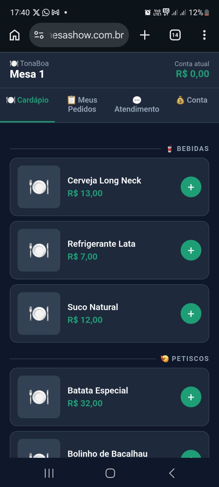Tela do cliente com cardápio digital do Mesa Show