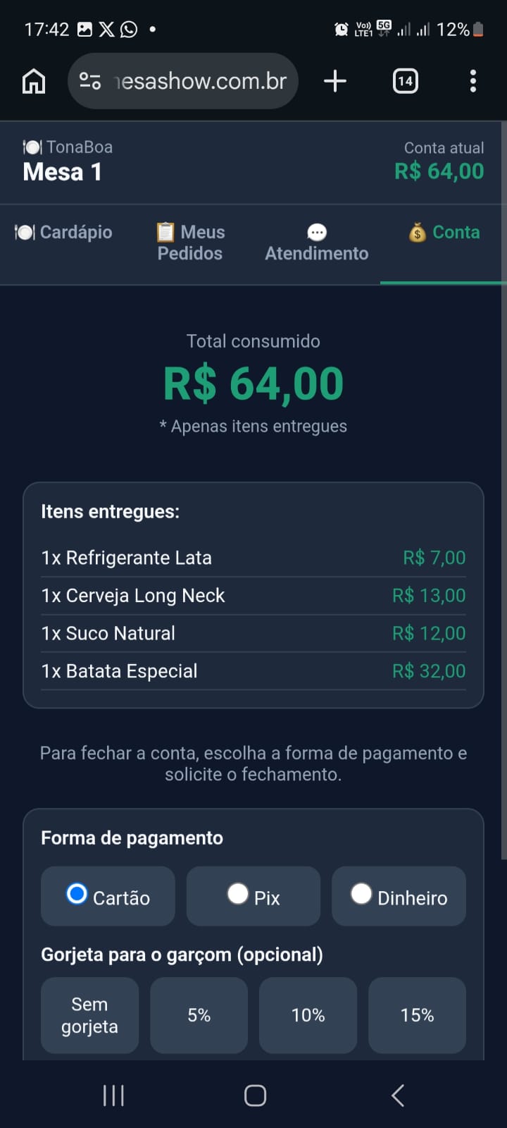 Tela mobile do Mesa Show com conta e gorjeta