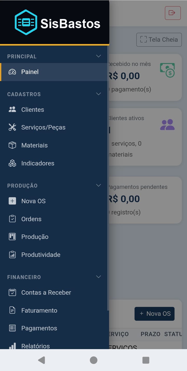 Menu lateral mobile do sistema de tornearia com logo SisBastos