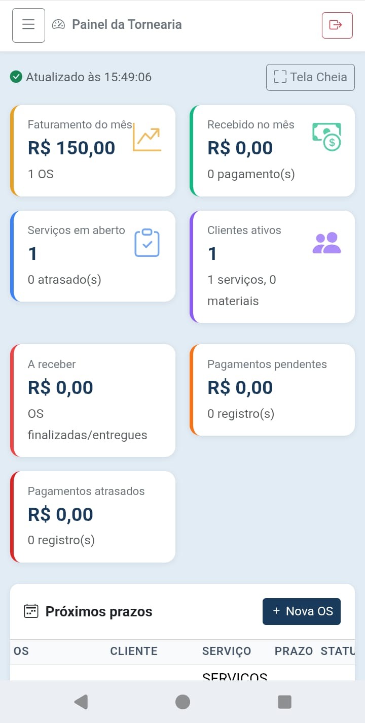 Painel mobile do sistema de tornearia